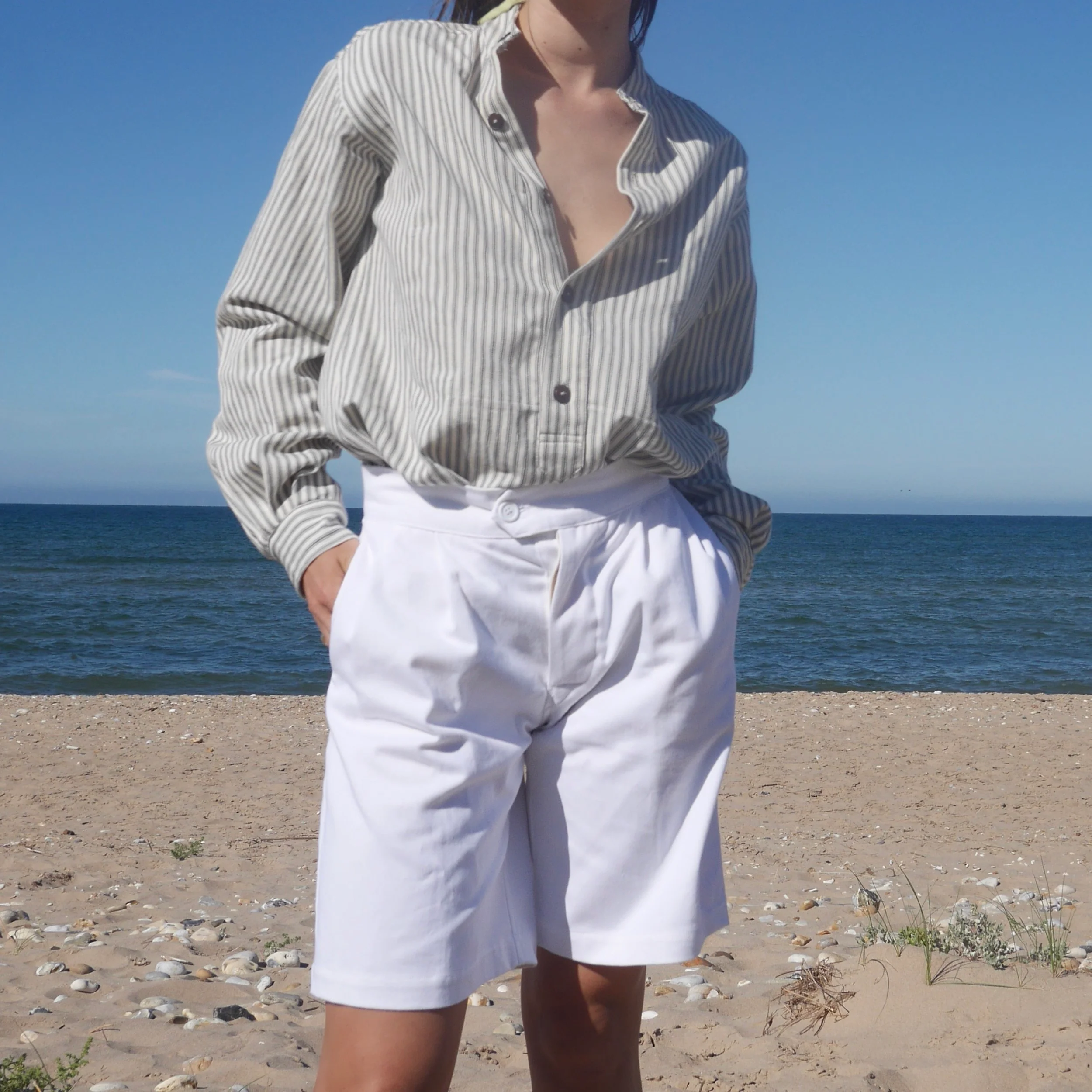 Collarless Ticking Work Shirt - Image 4