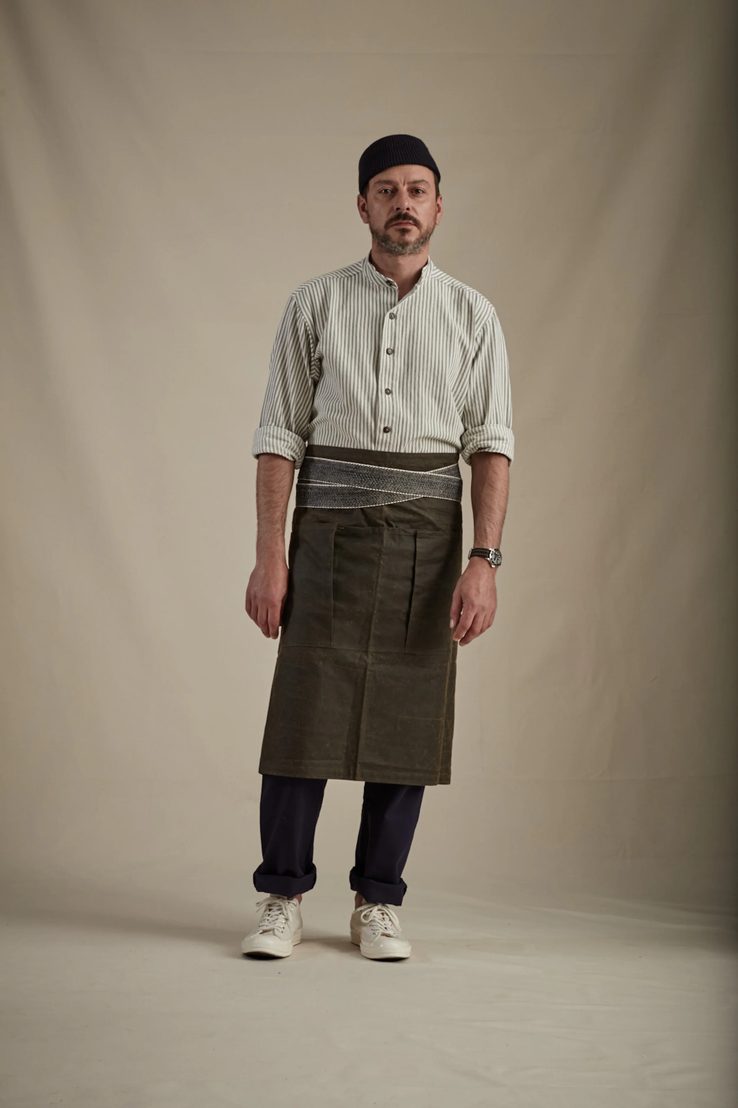 Collarless Ticking Work Shirt - Image 5