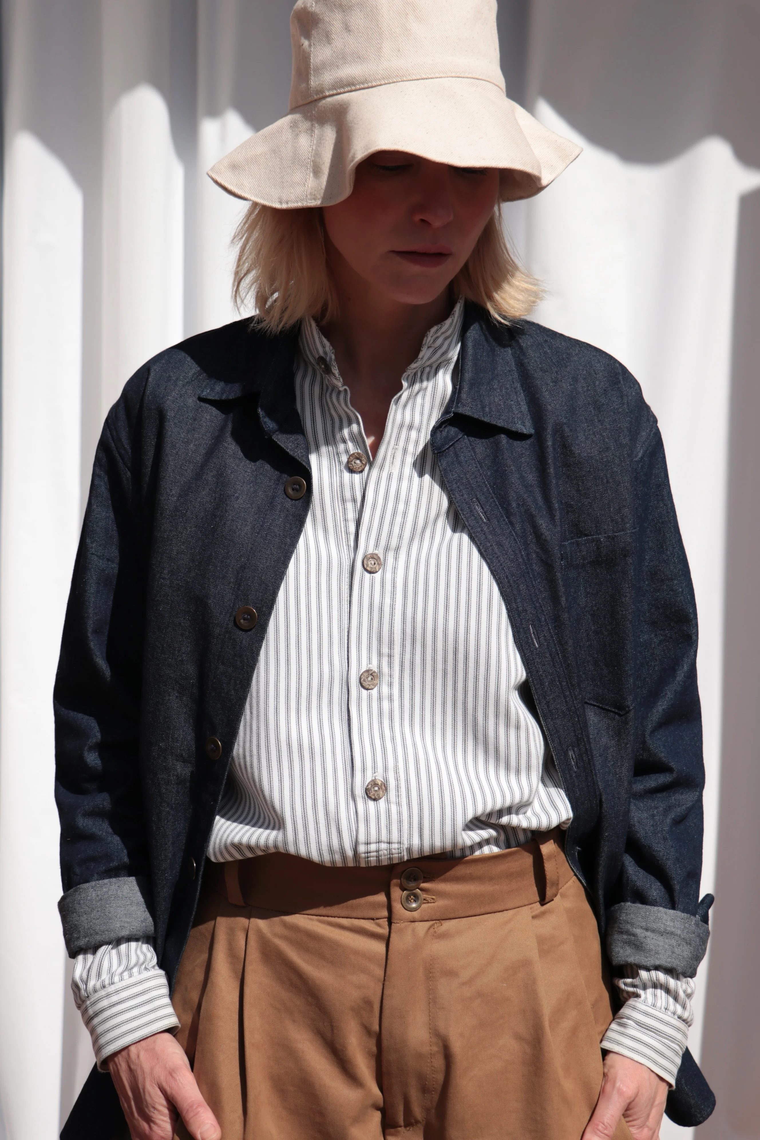 Collarless Ticking Work Shirt - Image 8