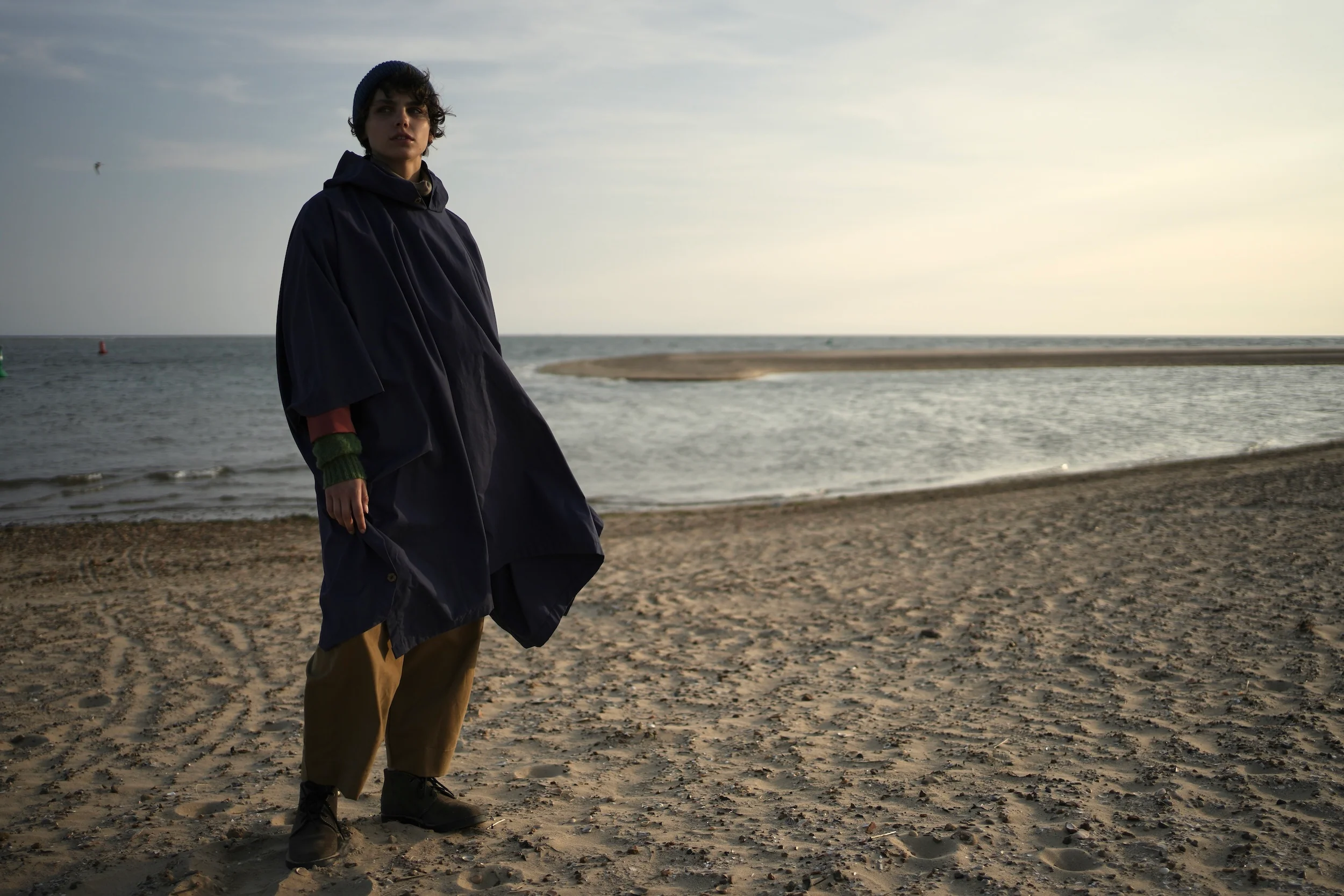 Long Hooded Rain Cape in Navy - Image 6